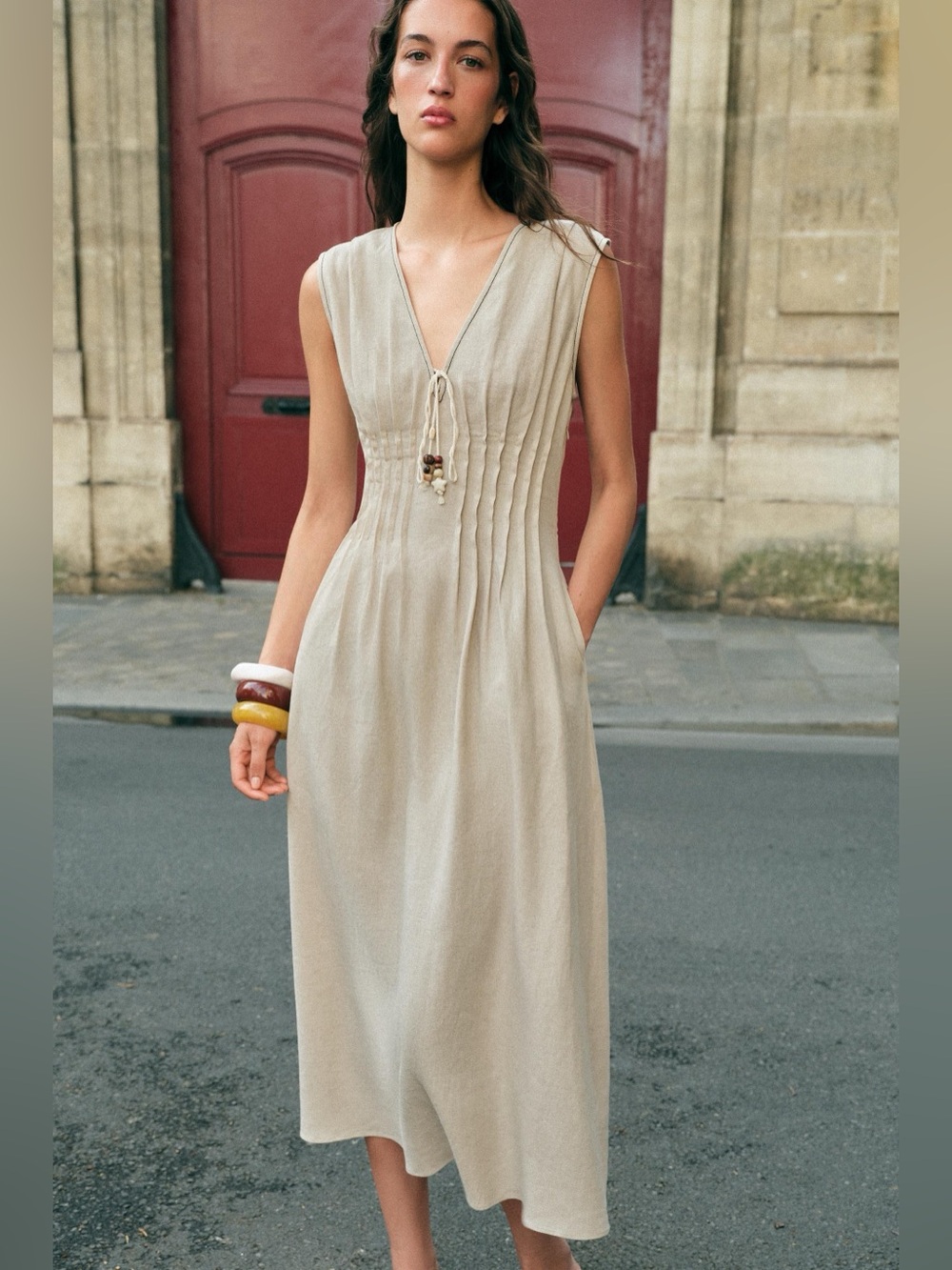 ZARA Light Beige Linen Blend Beaded Tie Midi Dress – Size L